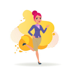 Young office employee in hurry. Female cartoon character with pink hair in formal wear running to work in office. Vector illustration. Business, work concept for banner, website design or landing page