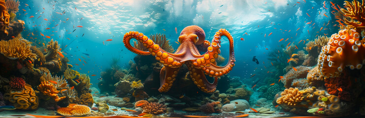 The magnificent octopus Panoramic wide view Underwater Scene Tropical Seabed With Reef And Sunshine
