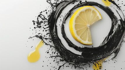 Elegant black splash design with a lemon slice on a white background