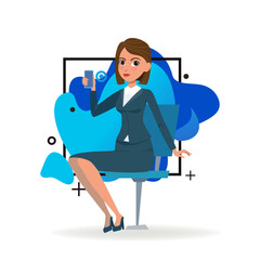 Businesswoman using mobile phone. Female character in formal suit sitting in office chair and talking on smartphone. Vector illustration. Business, communication, technology concept for website design