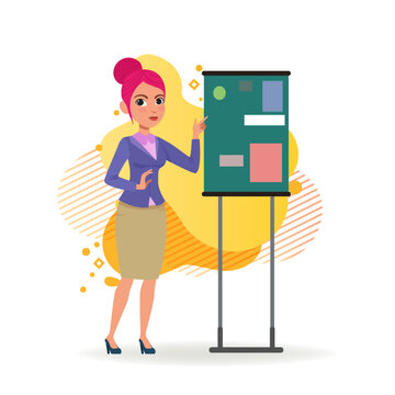 Female business leader giving presentation. Cartoon characters in formal wear near flipchart. Flat vector illustration. Business, leadership concept for banner, website design, landing page