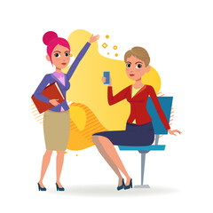 Two businesswomen working in office. Female cartoon characters with folder with documents and smartphone. Flat vector illustration. Work, office, colleagues concept for website design or landing page