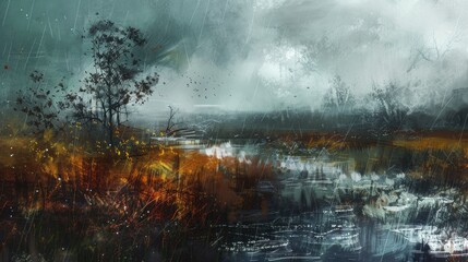A moody, weathered landscape featuring a blend of abstract elements in a rainy scene.