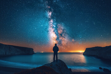 silhouette of a man standing on a mountain on background of a starry night sky with a bright colorful Milky way and sea