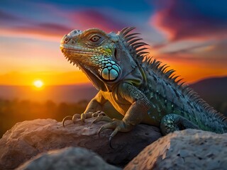 Fototapeta premium colorful iguana, on the rocks basking in the evening sun.