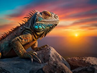 colorful iguana, on the rocks basking in the evening sun.