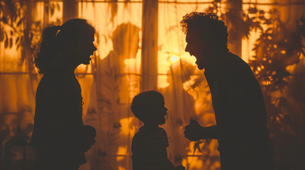 silhouette parents quarreling In front of the child, angry parent
