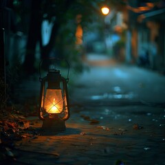 Vintage metal lantern illuminates old street, casting soft shadows, exuding historical ambiance