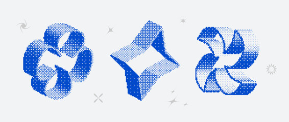 Bitmap textured shape set. Dither halftone objects collection. Blue 3d flower, star, rhombus elements for banner, poster, leaflet. Abstract pixelated raster effect bundle. Vector pack