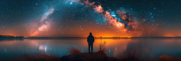 silhouette of man standing on shore of lake on a background of a starry night blue sky with bright colorful Milky Way and stars. Landscape panorama