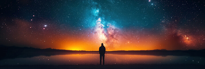 male standing on shore of lake on a background of a starry night sky with a bright colorful Milky Way and stars