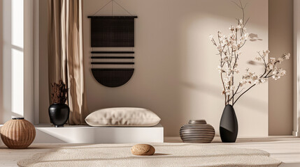 Minimalist zen interior design composition in clean tones with natural elements and window...