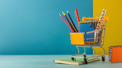 Small shopping cart with different school stationery 