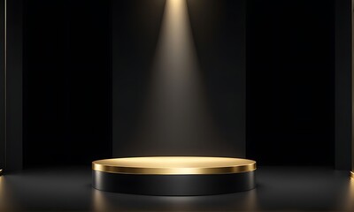 Gold black podium background 3D golden product line stage dark platform wave display. Design podium black luxury gold light scene pedestal presentation showcase event beauty shine object cosmetic