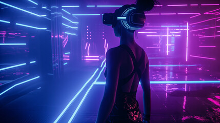 Back View of a Woman with VR Headset in a Neon-lit Cyberpunk Setting
