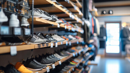 Variety of Shoes on Display in Modern Store. Wide selection of modern shoes neatly displayed on wooden shelves in a stylish shoe store.