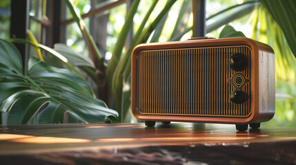 Retro-style Bluetooth speaker with woodgrain finish, blending vintage aesthetics with modern...