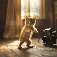 A kitten is standing on its hind legs in front of a camera. The kitten is brown and white, and its...