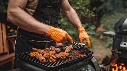 a full body view of man outside cooking on a Traeger grill wearing orange silicone safety gloves  
