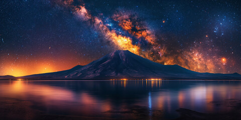 landscape with bright Milky way in starry night sky above peak of mountain inactive volcano and ocean