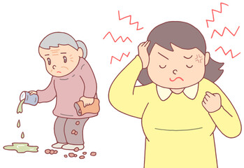介護問題のイラスト - 認知症高齢者による不潔行為・介護ストレス
