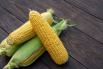 Close up view of raw corn cobs on wooden surface