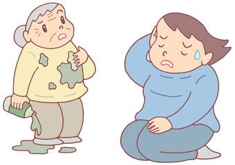 介護問題のイラスト - 認知症高齢者による不潔行為・介護疲れ