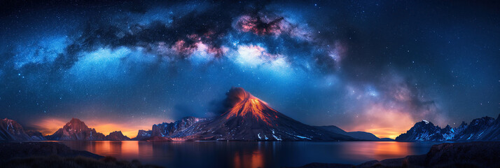 landscape panorama with active erupting volcano in ocean against background of night starry sky with Milky Way