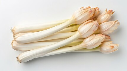 A close-up image of a bundle of fresh white asparagus spears with pink tips on a white background. - Powered by Adobe