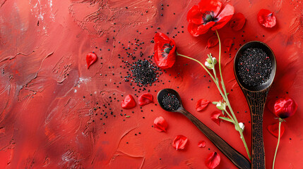 Spoon with poppy seeds and flowers on color background