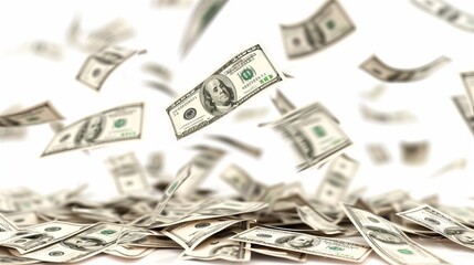 Cash in motion: an array of currency notes fluttering gracefully against a pristine white backdrop