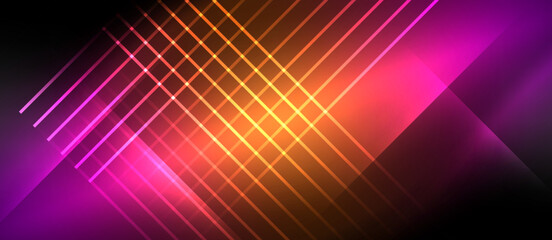 A vibrant art piece with a neon background featuring glowing lines and squares in a mix of colors like electric blue, magenta, and amber