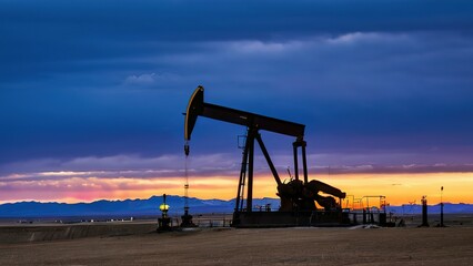 Oil and gas technology. Pumpjacks On Sunrise. Silhouette of oil pump jack on rig. Oil drilling company growth. Financial and commodity markets. oil and gas industry, technology, oil and gas.