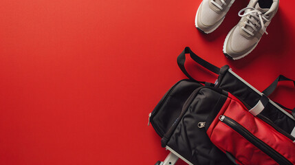 Sports bag shoes and stepper on red background with sp