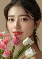 A beautiful Chinese woman with delicate skin, posing in front of the camera for an advertisement featuring tulips and pearls