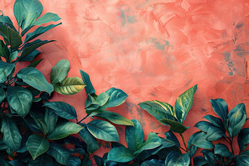 A vibrant coral wall background with lush green plants and leaves, creating an organic contrast that adds depth to the scene. 