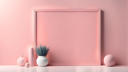 a pink picture frame with a plant in a vase