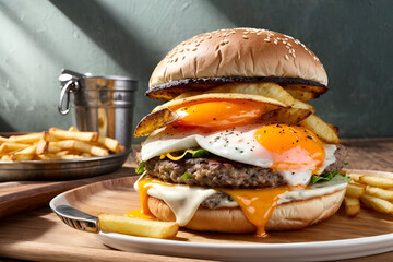 Burger with a fried egg and French fries