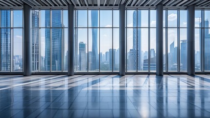 Spacious and contemporary office interior with expansive cityscape view and natural light illumination