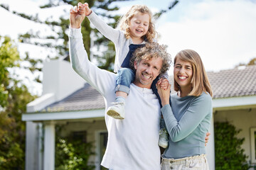 Naklejka premium Mom, dad and child in backyard portrait with smile, bonding and playful fun, peace and calm on summer weekend. Happy family, parents and girl together in home garden with embrace, love and support
