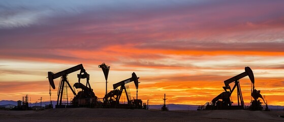 Oil and gas technology. Pumpjacks On Sunrise. Silhouette of oil pump jack on rig. Oil drilling company growth. Financial and commodity markets. oil and gas industry, technology, oil and gas.