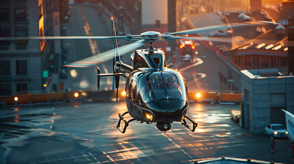Helicopter Navigating Above Urban Streets at Dusk. Sleek black helicopter flies low over urban streets illuminated by city lights, capturing the essence of modern air travel.