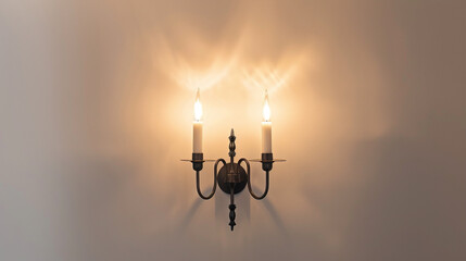 A delicate wall sconce illuminating a living area with gentle candlelight, viewed from the front...