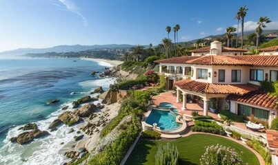 A luxurious beachfront estate with sprawling grounds and breathtaking ocean views.