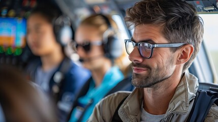Pilot Training in Aviation School Cockpit Simulator. Close-up of a focused male pilot wearing glasses in an aviation school cockpit simulator, with fellow trainees and instructor in the background.