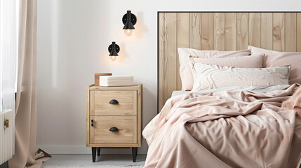 Cozy modern bedroom with matte black wall sconces, birch wood bedside cabinet, and blush pink blanket.