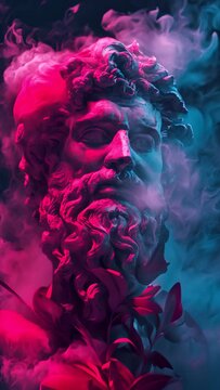 A striking depiction of the Roman god Pluto, ruler of the underworld, enveloped in a mysterious neon mist, highlighting his ethereal and commanding presence. Vertical video