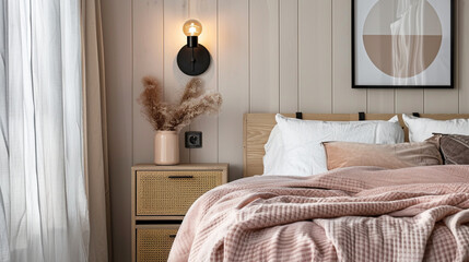 Cozy modern bedroom with matte black wall sconces, birch wood bedside cabinet, and blush pink blanket.