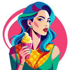 Beautiful Girl with ice cream cone colorful watercolor illustration
