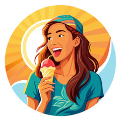 Beautiful Girl with ice cream cone colorful watercolor illustration
